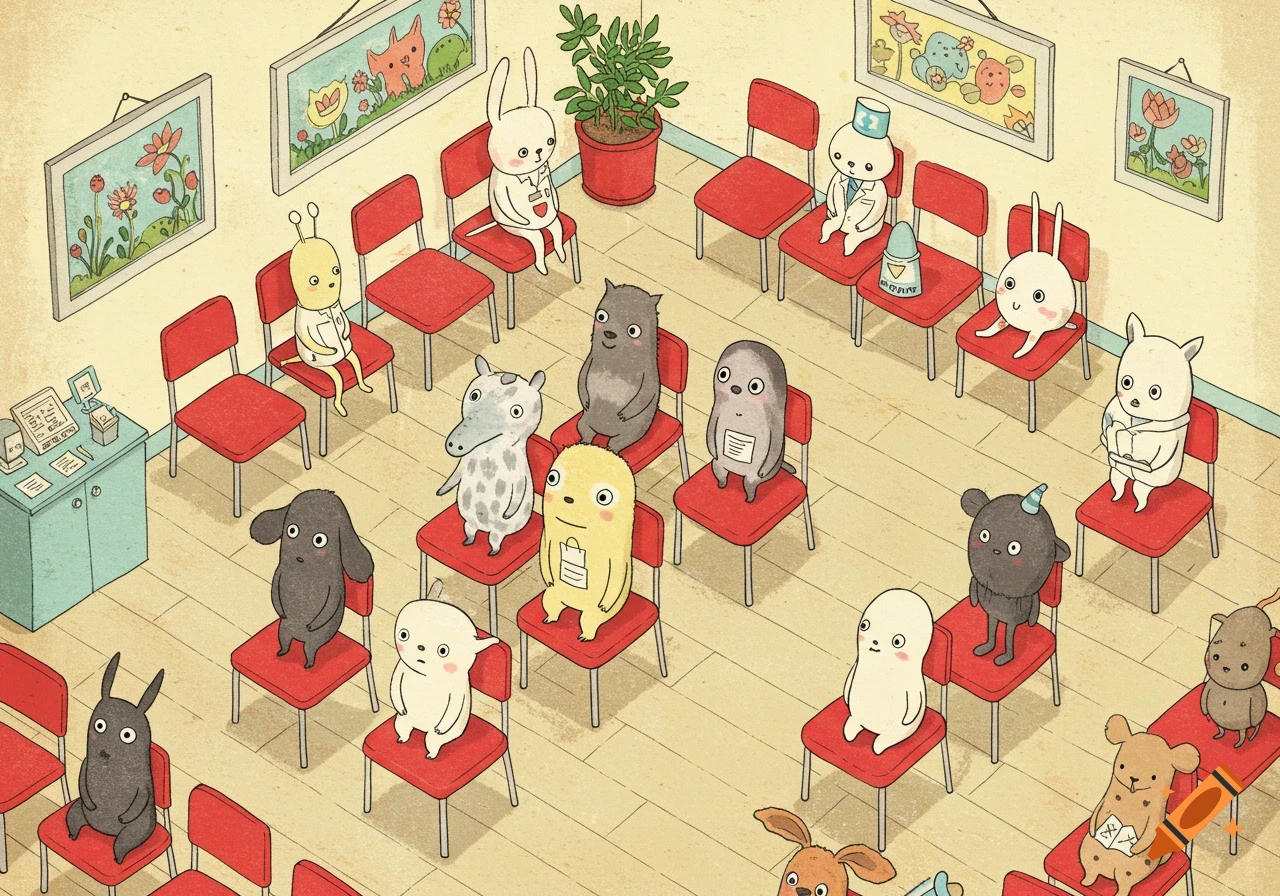 Cute cartoon creatures sit on red chairs in a crowded waiting room, illustrated in Oliver Jeffers' style.