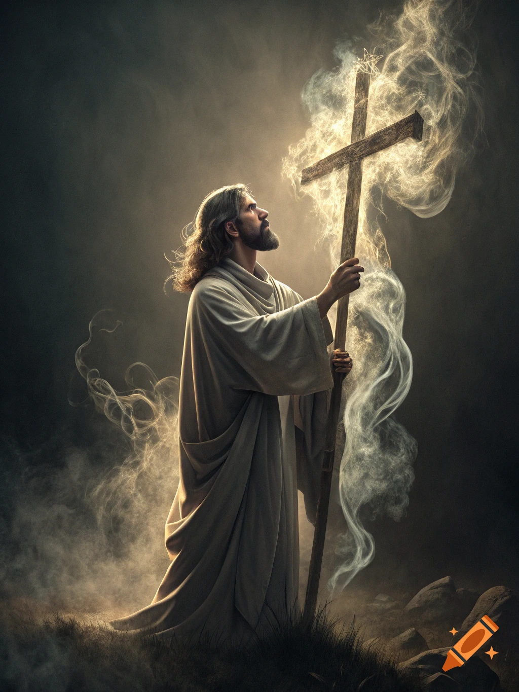 Figure resembling Jesus holding a cross made of smoke and light.