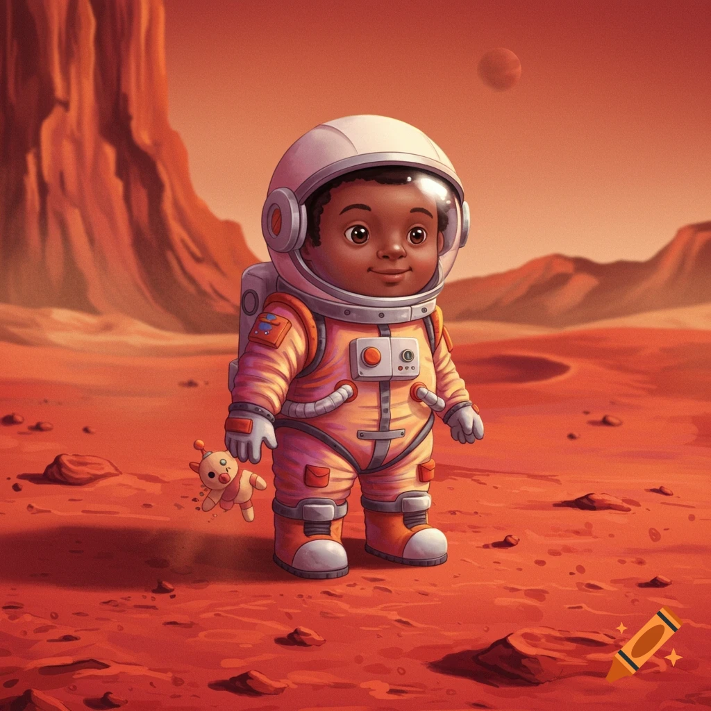Cartoon style child astronaut standing on the red surface of Mars holding a small stuffed toy.