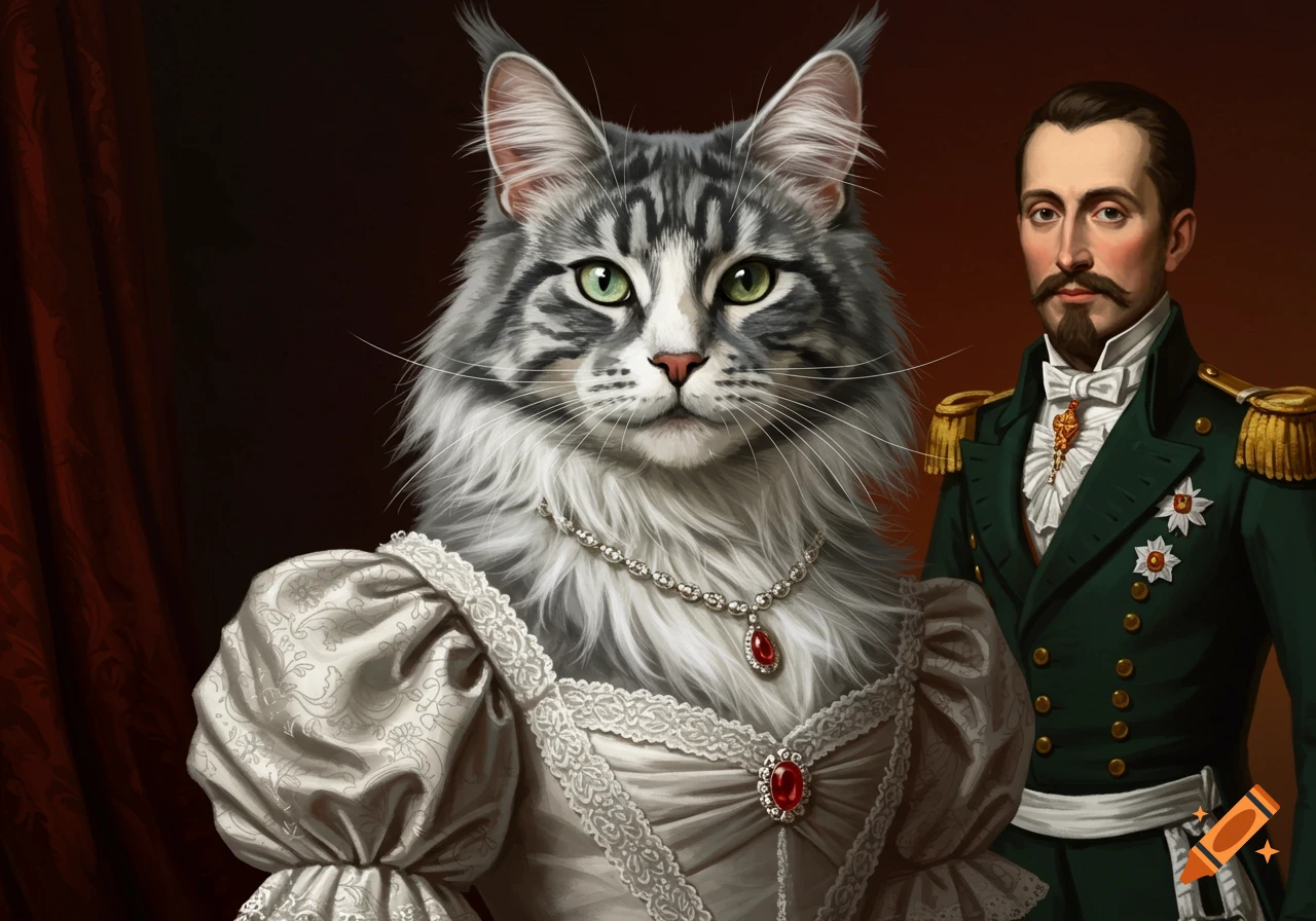 A Maine Coon cat in a formal dress and necklace is next to a man in military uniform, in a portrait style.