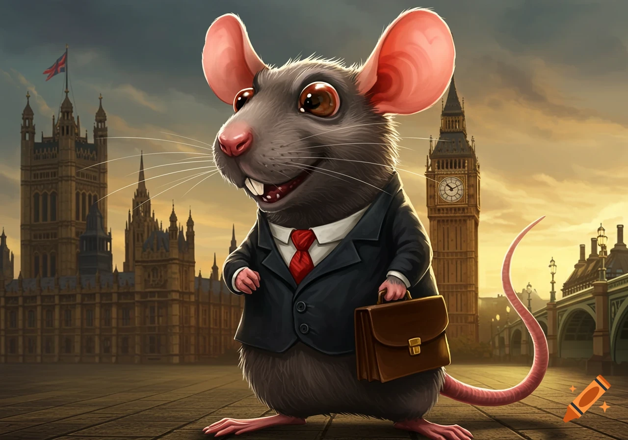 A cartoon rat in a suit is holding a briefcase in front of the Houses of Parliament and Big Ben.