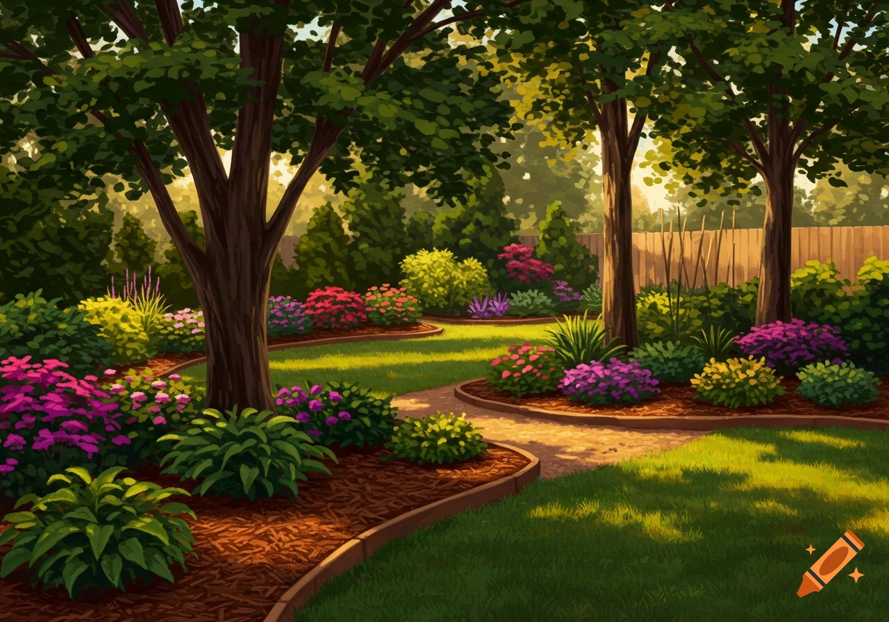 Landscaped backyard garden with trees, mulch beds, colorful flowers, and a curved path in sunlight.