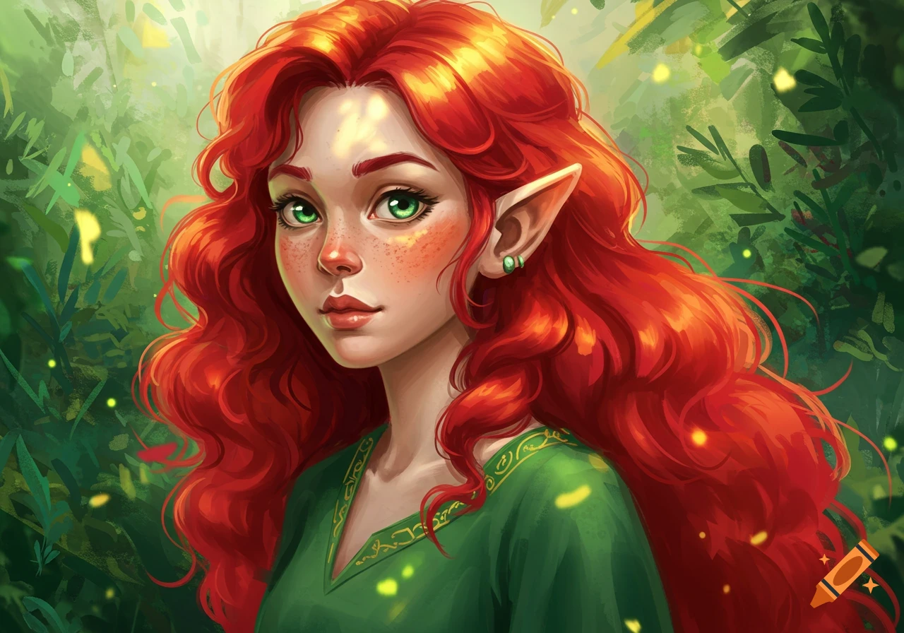 A fantasy character with red hair and pointed ears is in a forest.