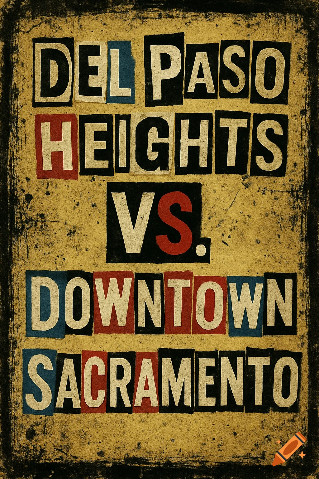 Flyer with cutout text in a ransom note style reading 'DEL PASO HEIGHTS VS. DOWNTOWN SACRAMENTO' on a textured background.