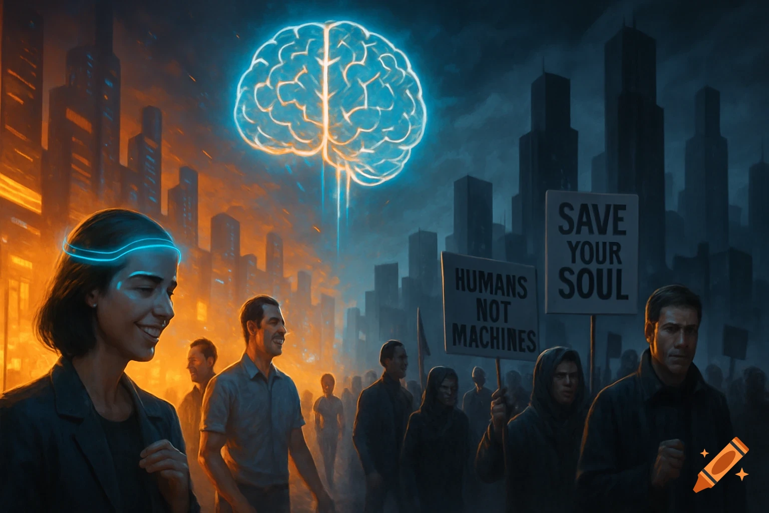 A protest against futuristic technology is taking place in a city, with a glowing brain depicted above the scene and people in the crowd wearing glowing headbands.