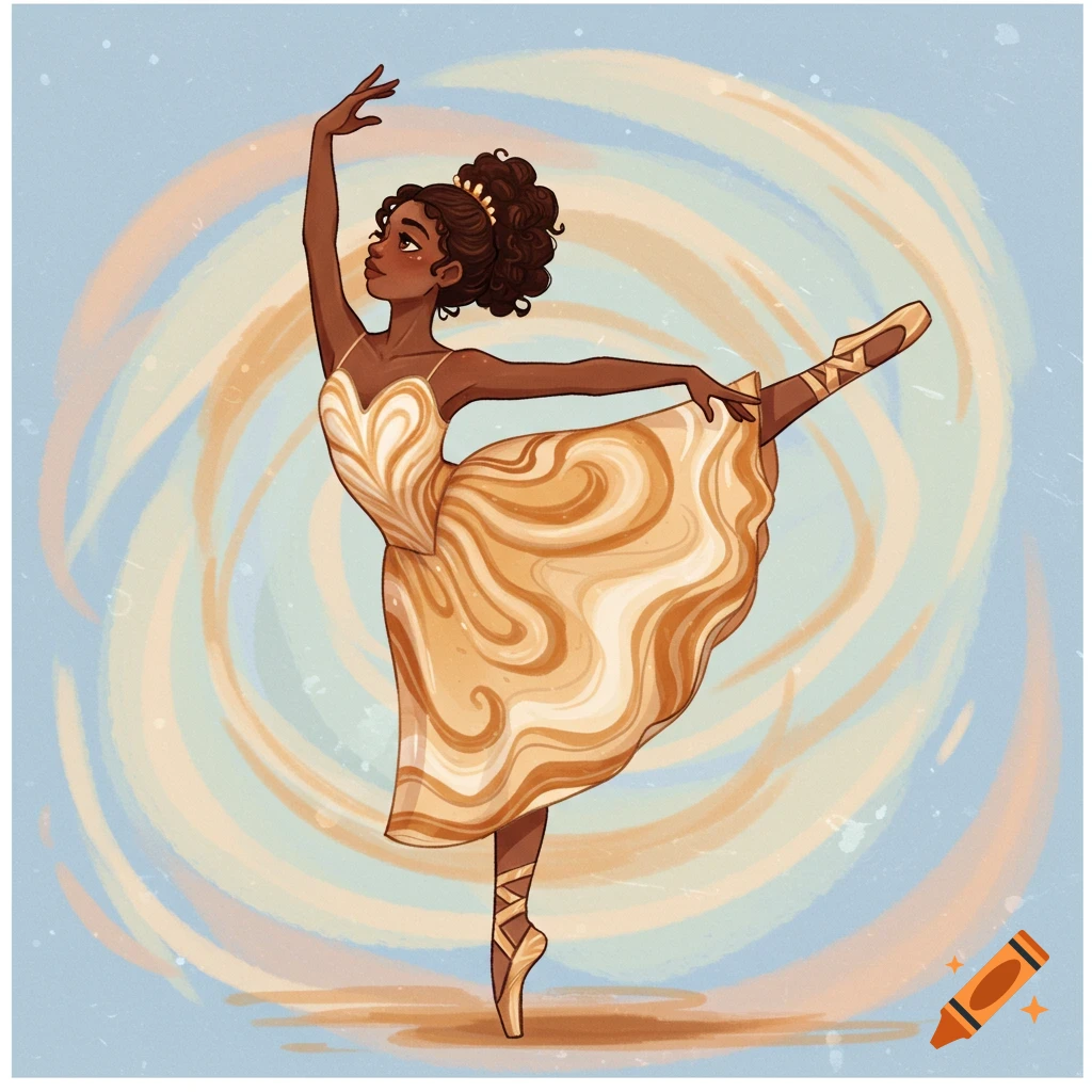A ballerina with brown skin in a swirling yellow and orange dress, dancing on pointe.