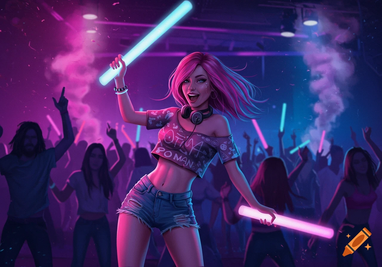 Illustration of a person with pink hair dancing at a neon lit rave with glow sticks.