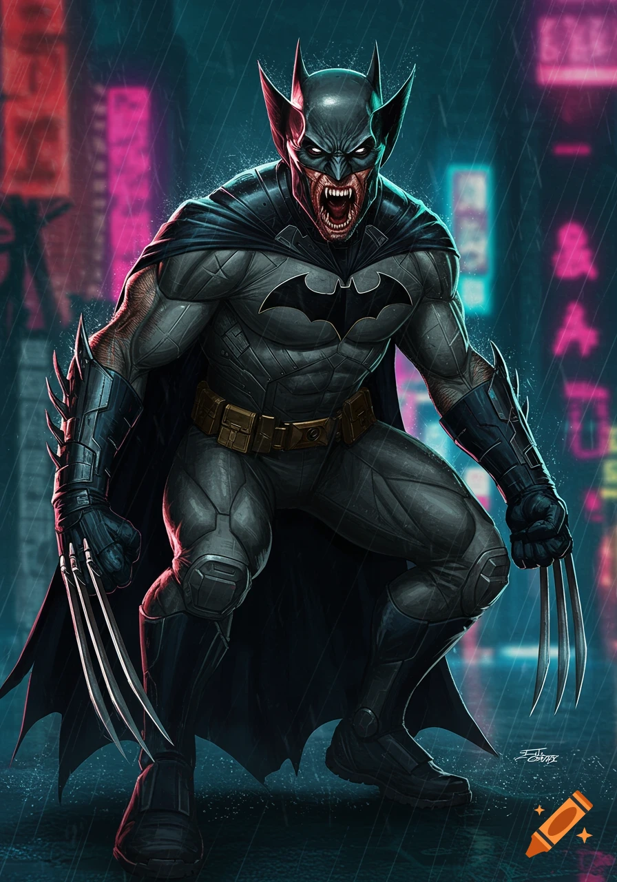 A snarling Batman and Wolverine hybrid crouching in a rainy city street with claws extended.