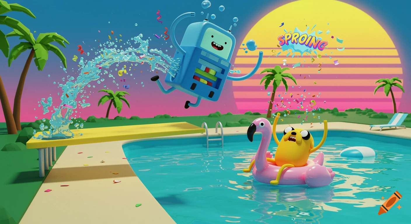 BMO does a cannonball into a pool while Jake the Dog floats on an inflatable flamingo. Retro vaporwave style with "SPROING" text.