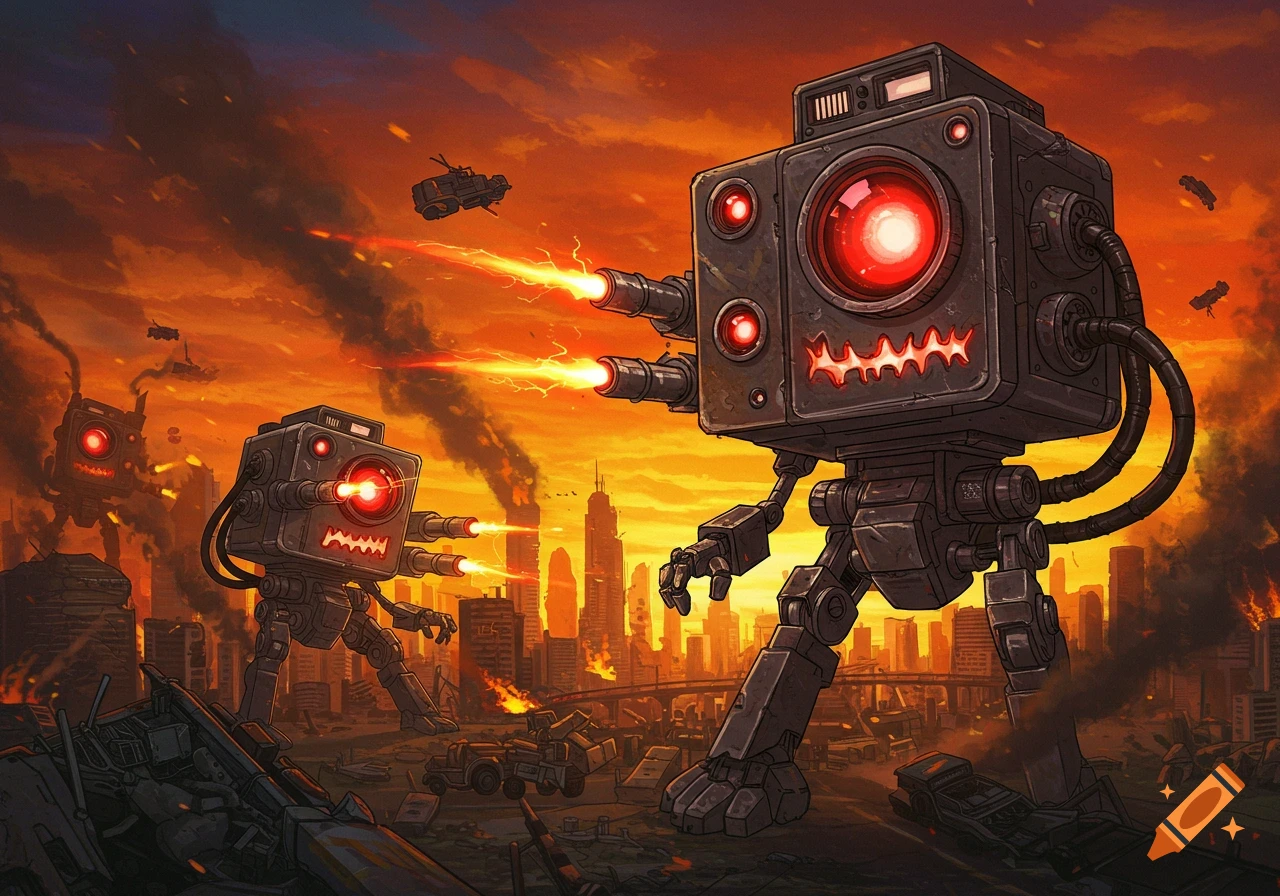 Two large robots with red eyes firing weapons and destroying a city under an orange sky, cartoon style.
