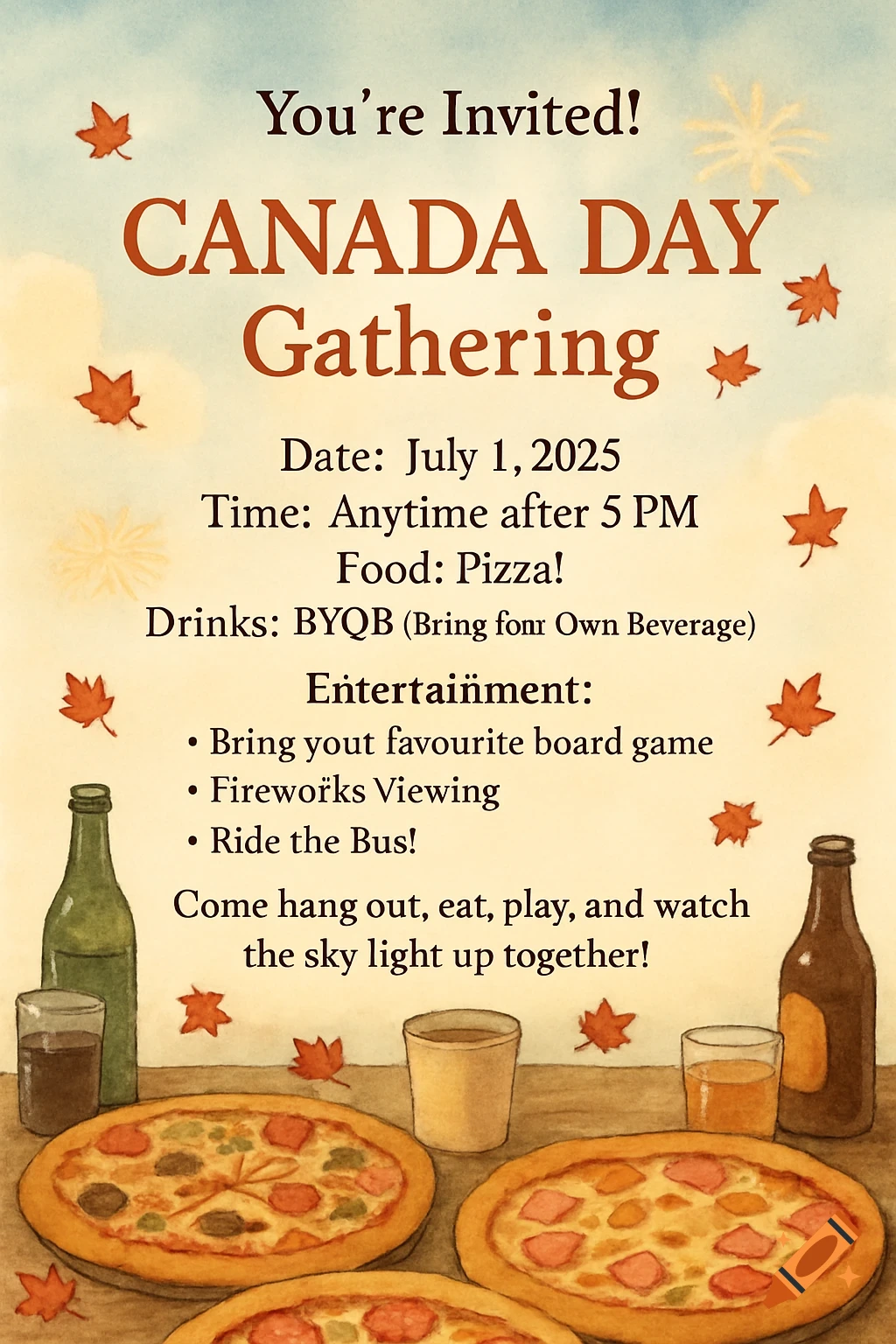Canada Day party invitation in watercolor style with text, pizza, and drinks.