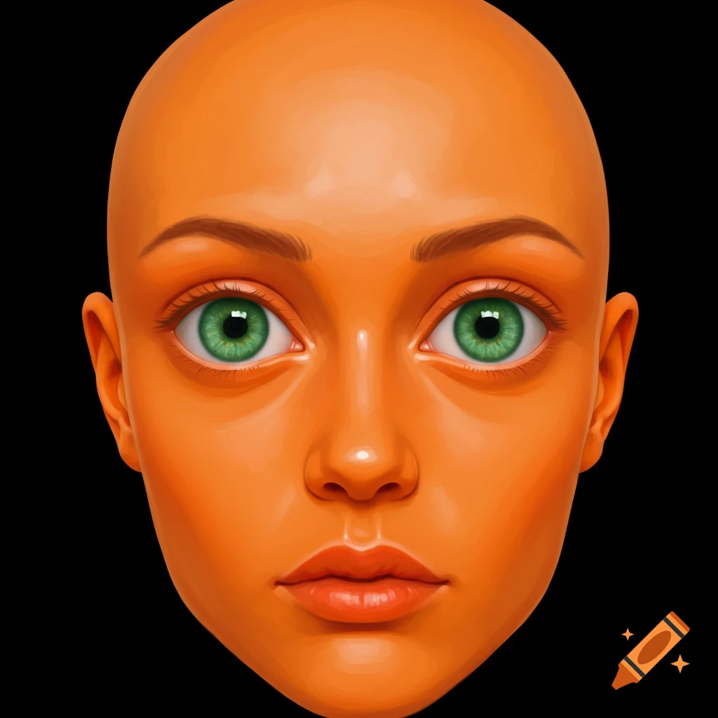 Close-up digital art portrait of a person with orange skin and green eyes against a black background.