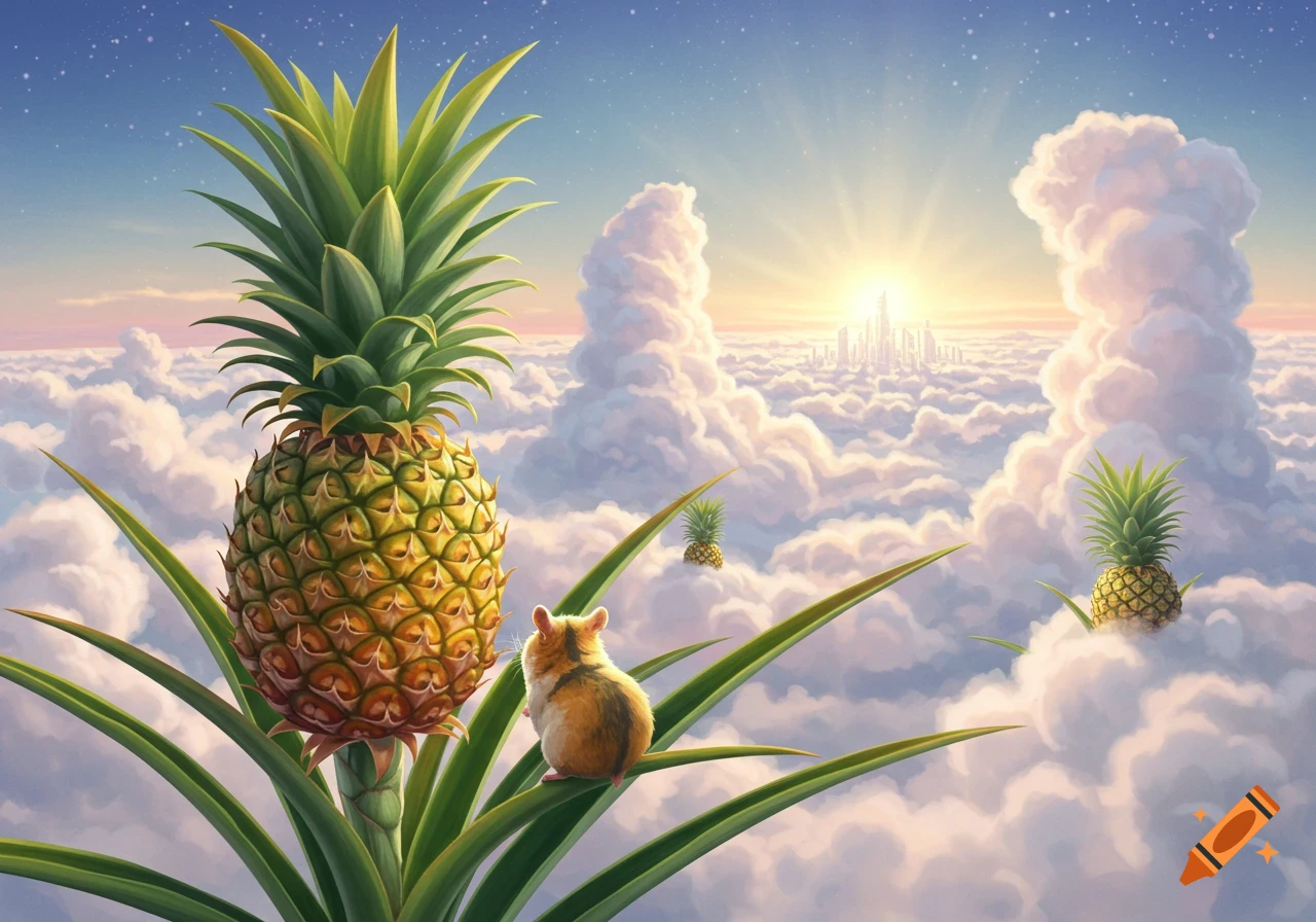 A hamster sits on a giant pineapple leaf in the sky, overlooking clouds and a distant city