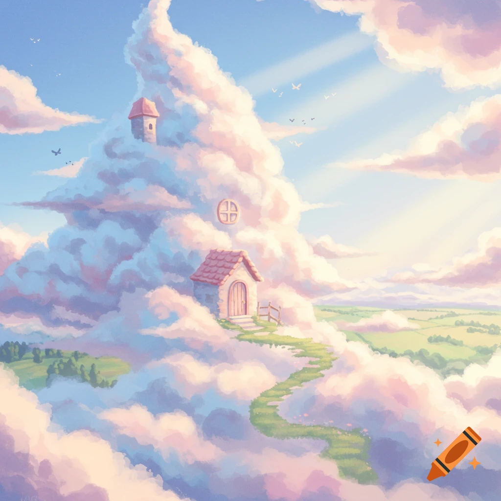 Small stone houses are built on a fluffy cloud mountain, surrounded by blue sky and distant green fields.