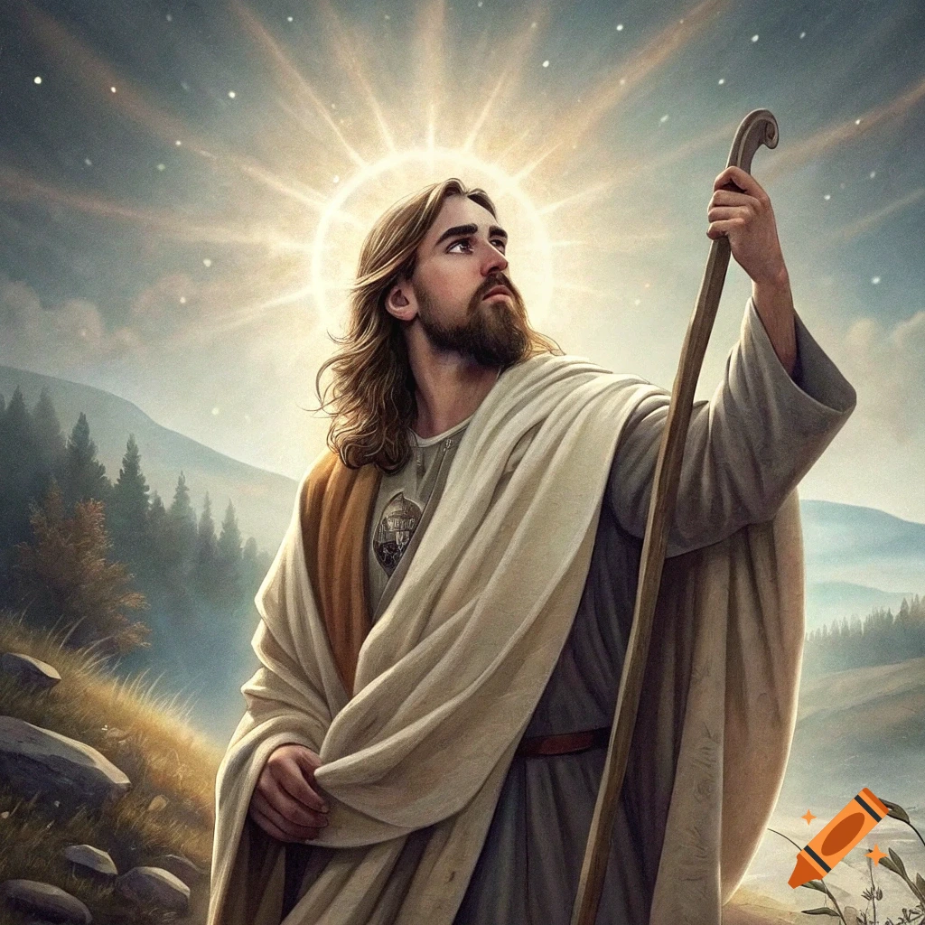 Portrait of a figure resembling Jesus with halo and staff in a starry mountain landscape.