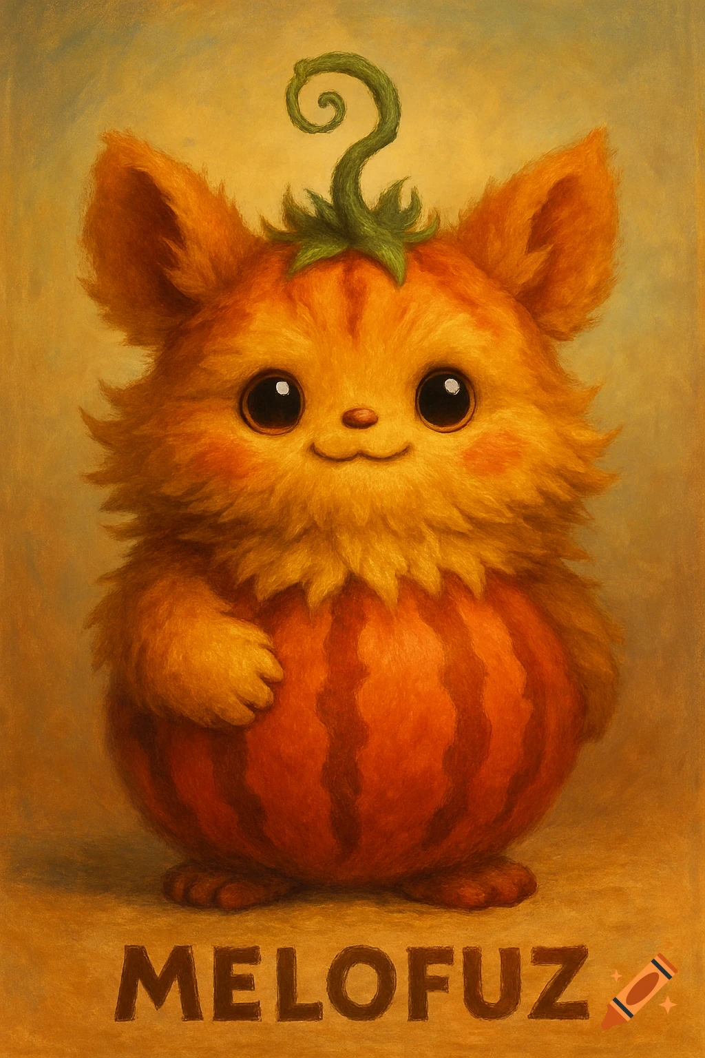 A cute fluffy orange creature with large eyes and a pumpkin body, with the word MELOFUZ below.