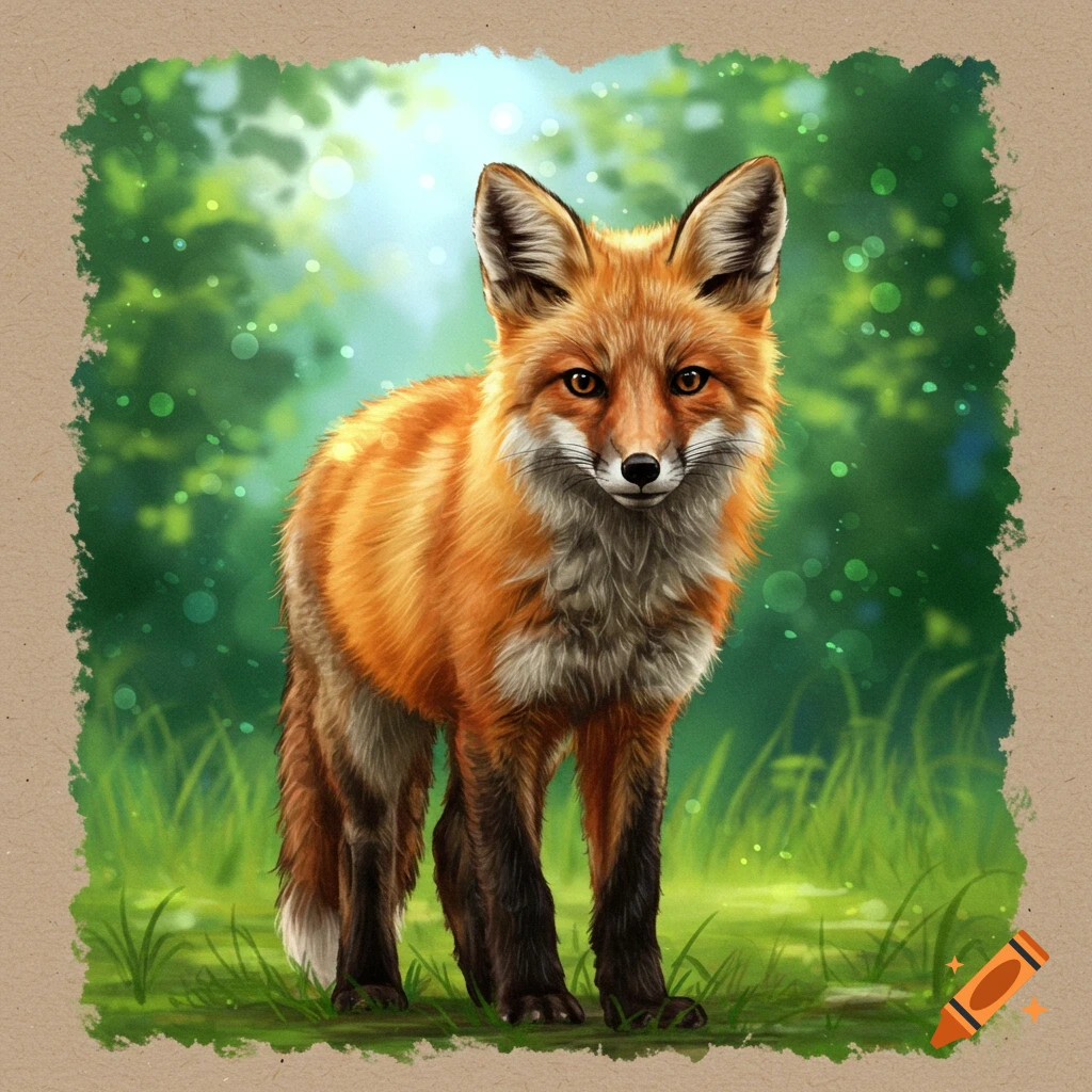 An illustration of a red fox standing in tall green grass in a forest.