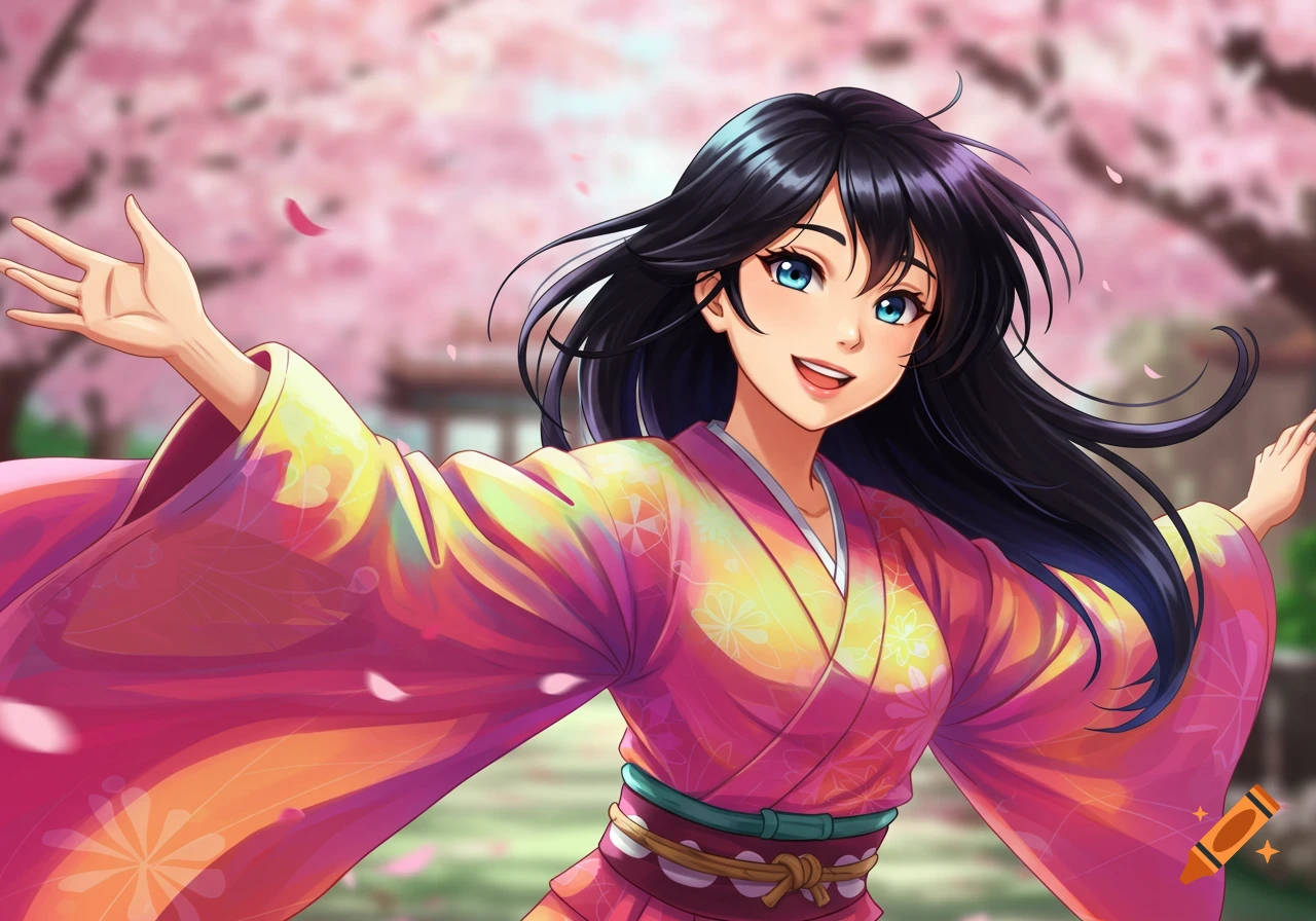 Smiling anime girl in a pink and yellow kimono among cherry blossoms