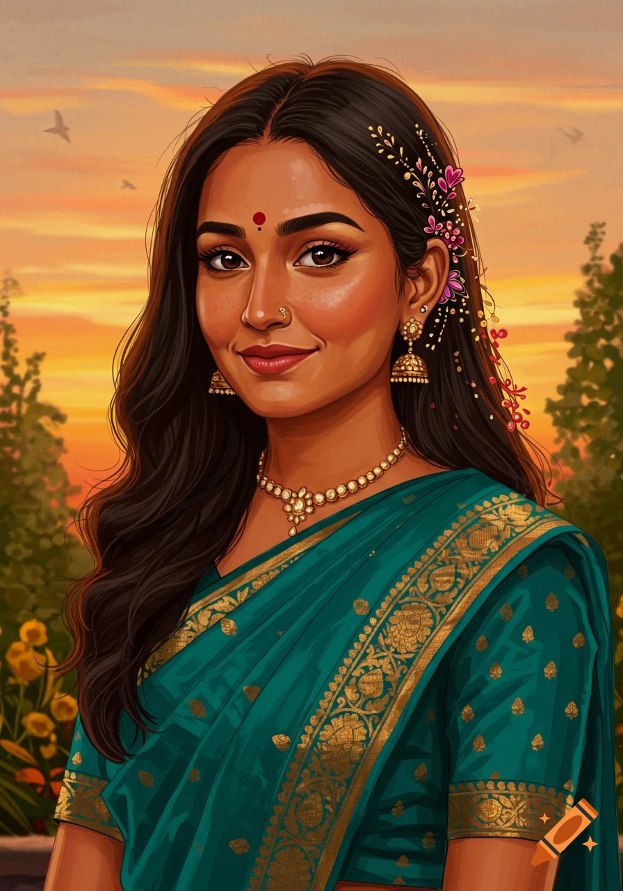 Portrait of a woman in a teal and gold saree and jewelry against a sunset background, digital art.