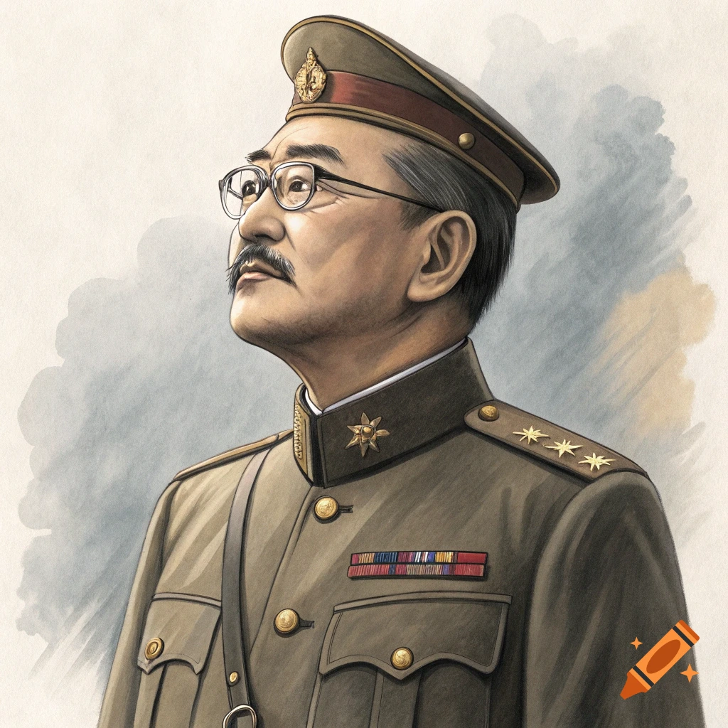 Watercolor portrait of a historical military figure in uniform looking up.