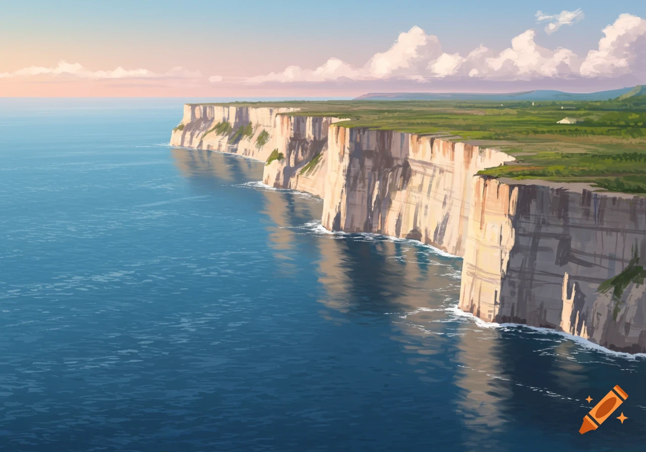 An illustration of white cliffs overlooking a blue ocean under a cloudy sky.