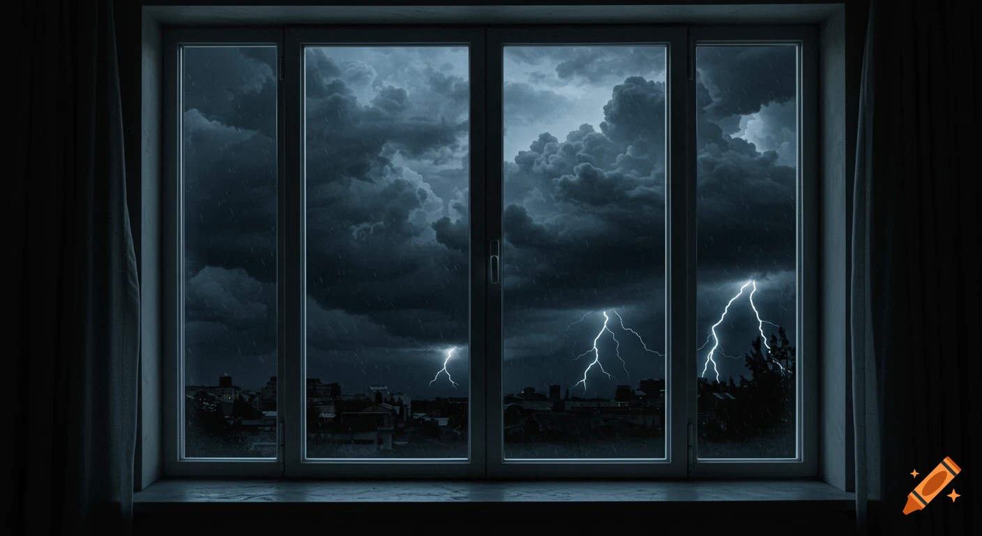 A view through a window during a dramatic thunderstorm over a city skyline at night with lightning.