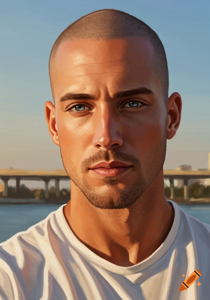 Portrait of a man with a shaved head and beard, bridge and water in background.