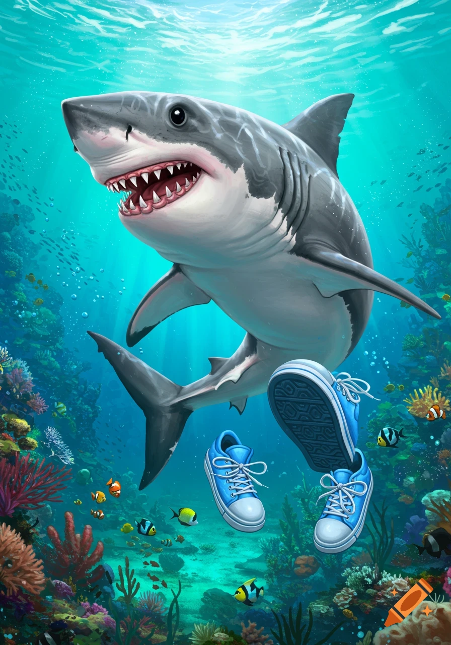 Digital painting of a cartoon shark swimming underwater among coral reefs, wearing blue sneakers.