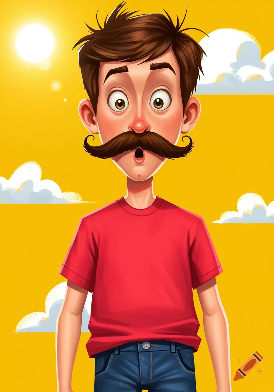A vibrant cartoon illustration of a young boy with a large mustache, looking surprised against a sunny yellow background.