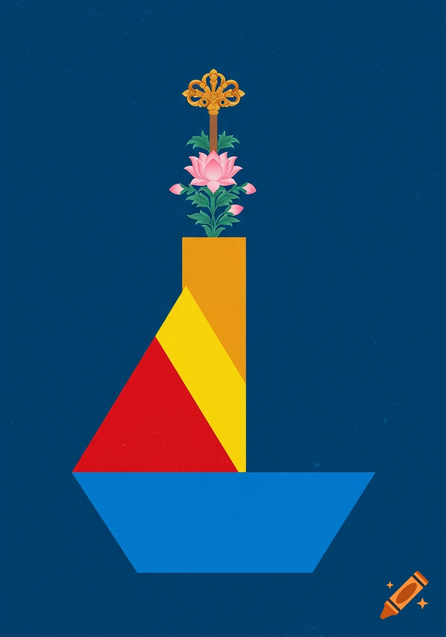 Abstract geometric arrangement of blue, red, and yellow shapes forming a boat-like structure, topped by an orange rectangle with a pink lotus and golden ornate object.