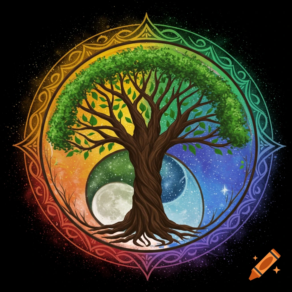 A Tree of Life intertwined with a yin yang symbol against a cosmic, starry background.