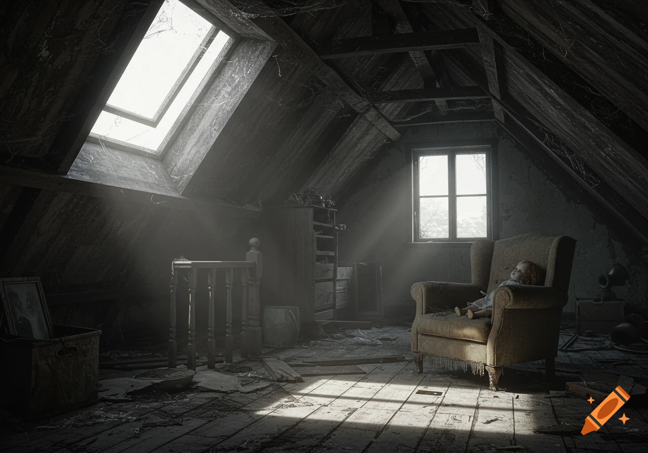 Dusty abandoned attic with sunlight streaming through windows, old furniture, and a doll.