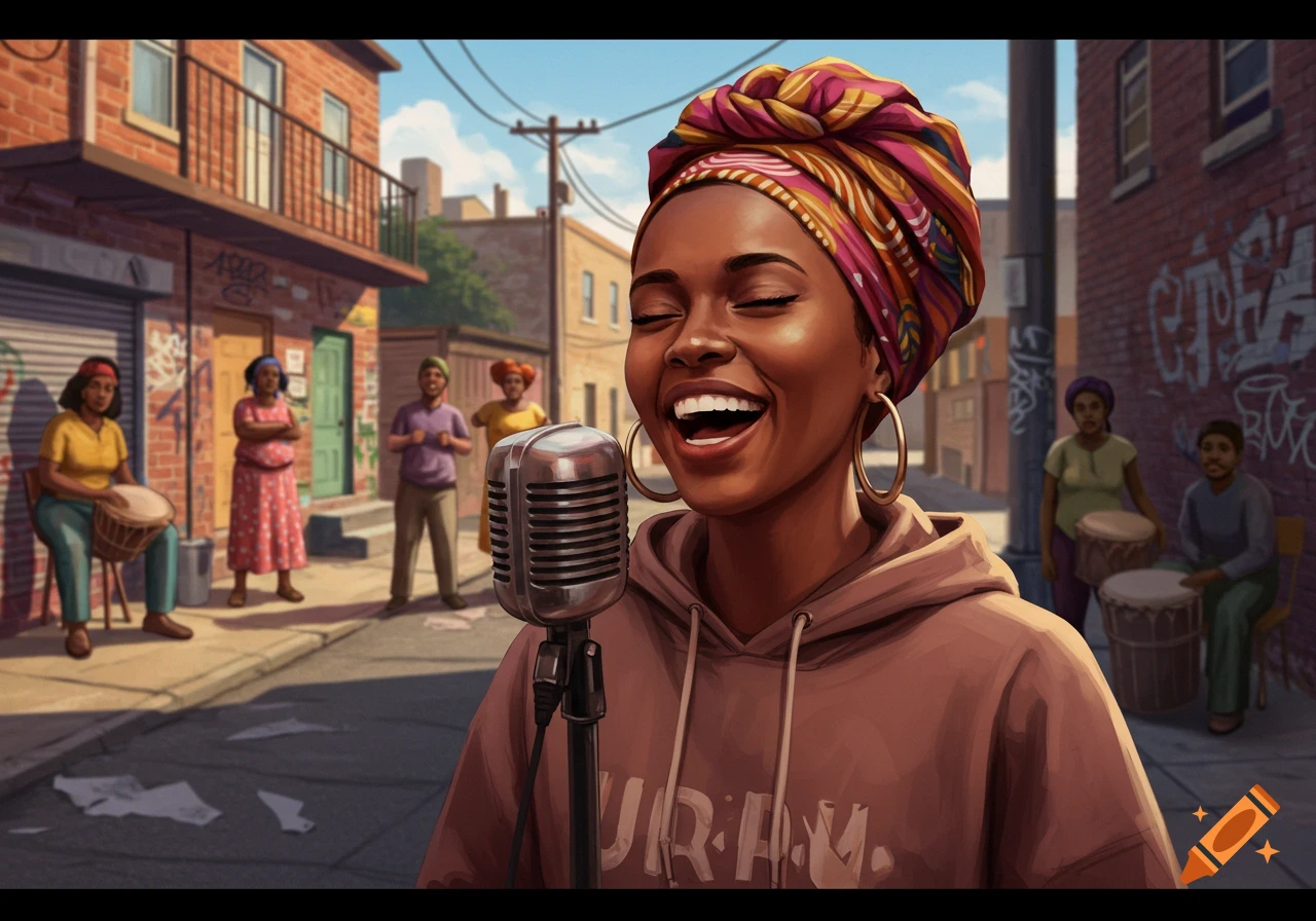 A Black woman sings into a microphone on a street with other people and drums.
