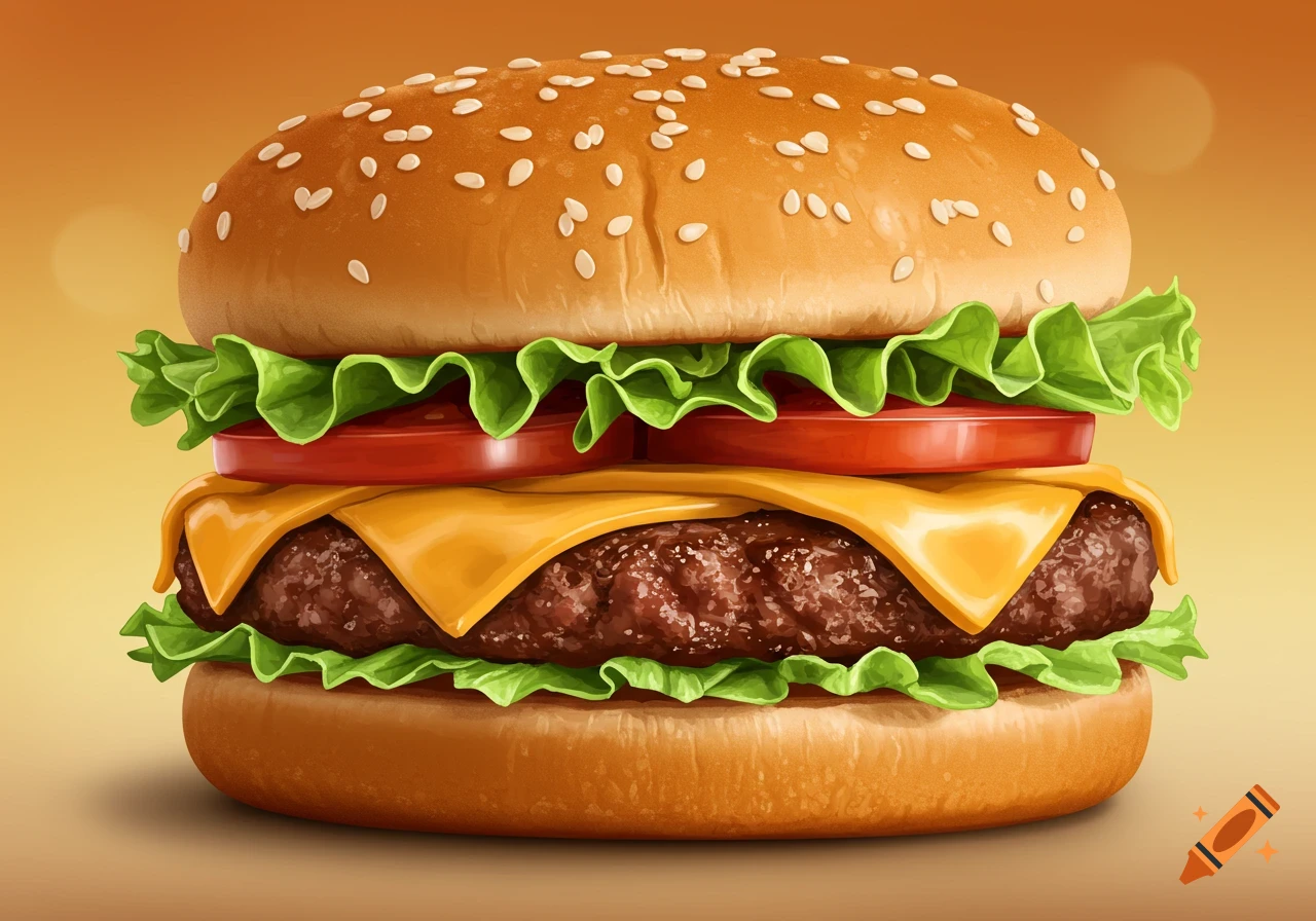 A detailed digital painting of a hamburger with lettuce, tomato, cheese, and sesame seed bun.