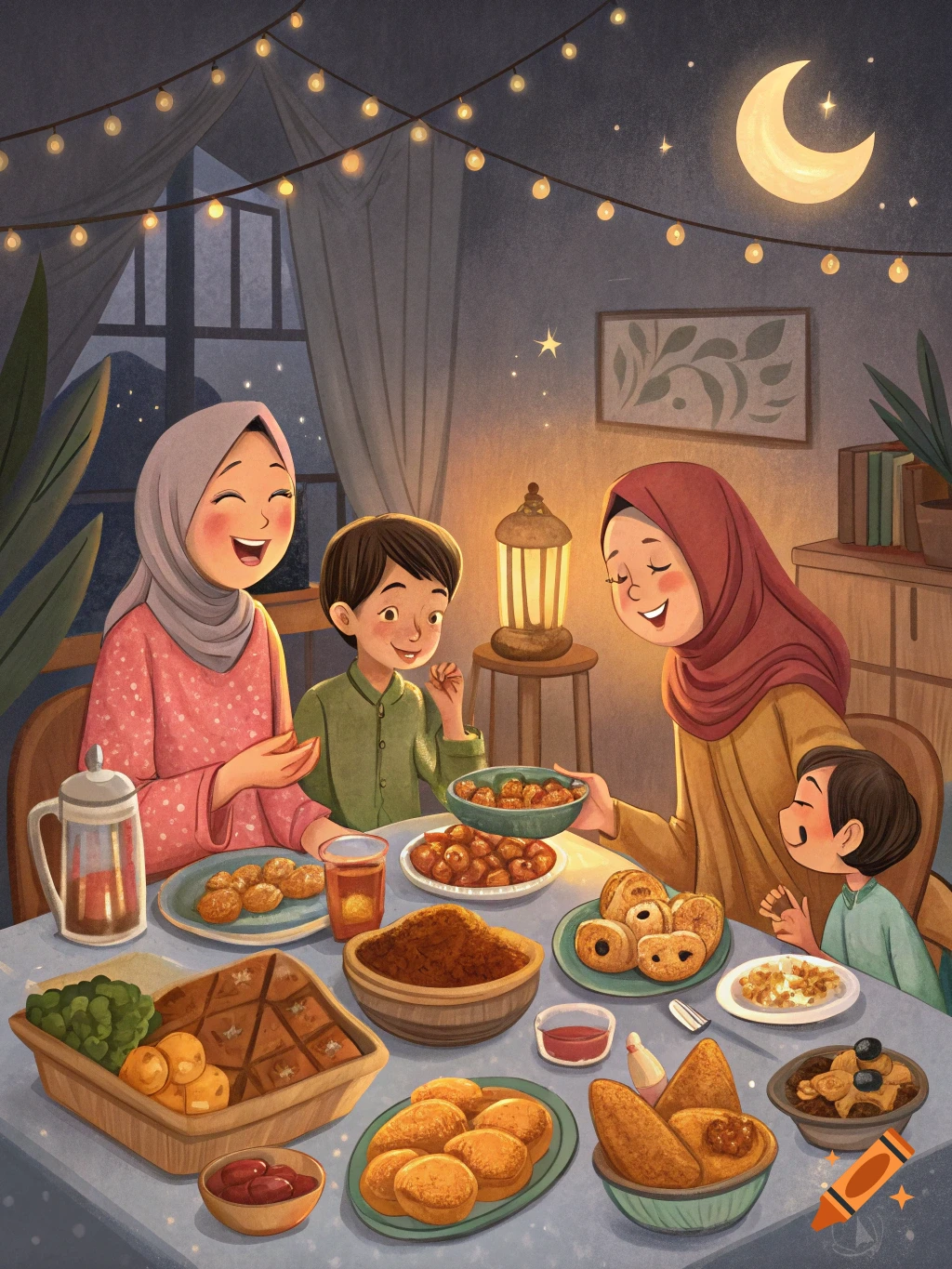 Illustration of a Muslim family eating at a table at night during Ramadan