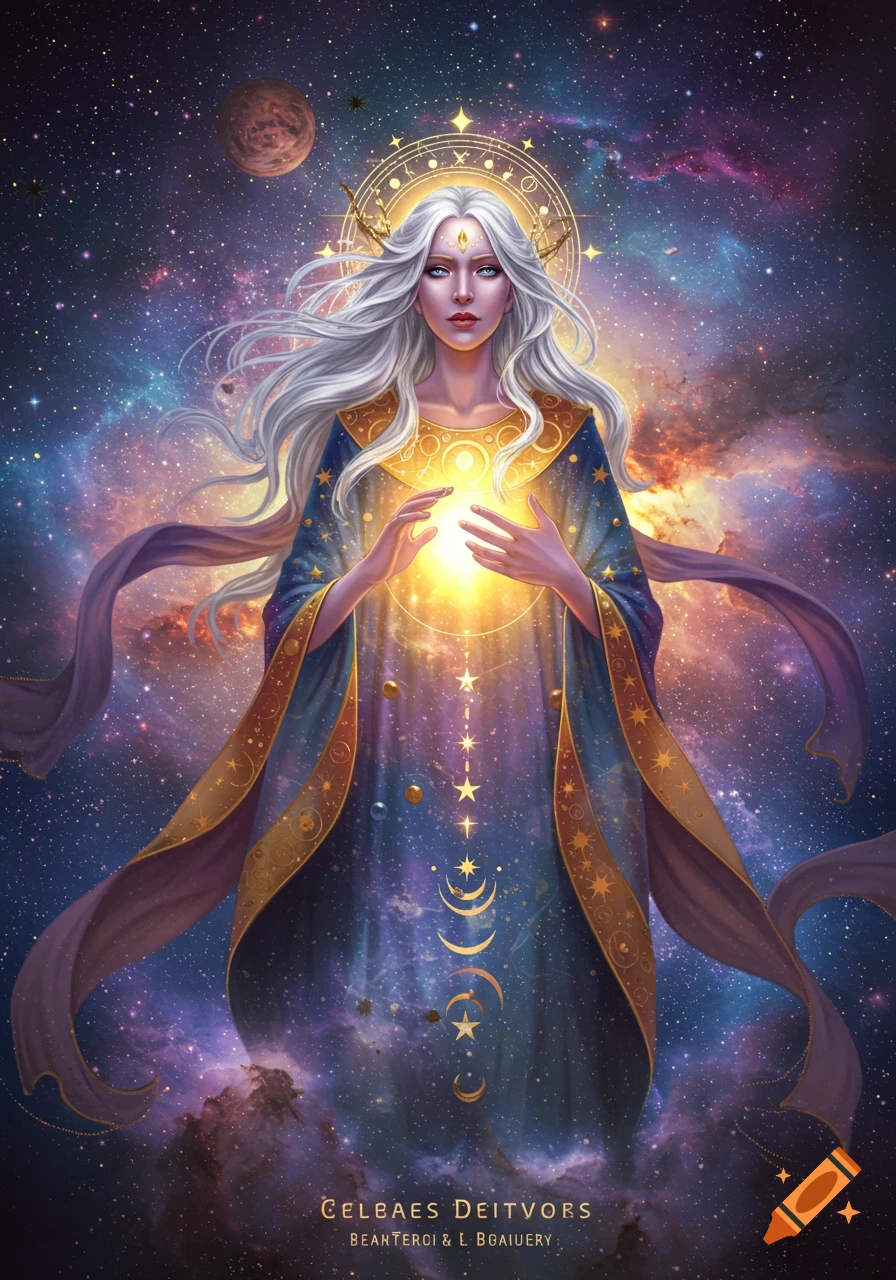 A celestial deity with white hair holding light, surrounded by stars and galaxies.