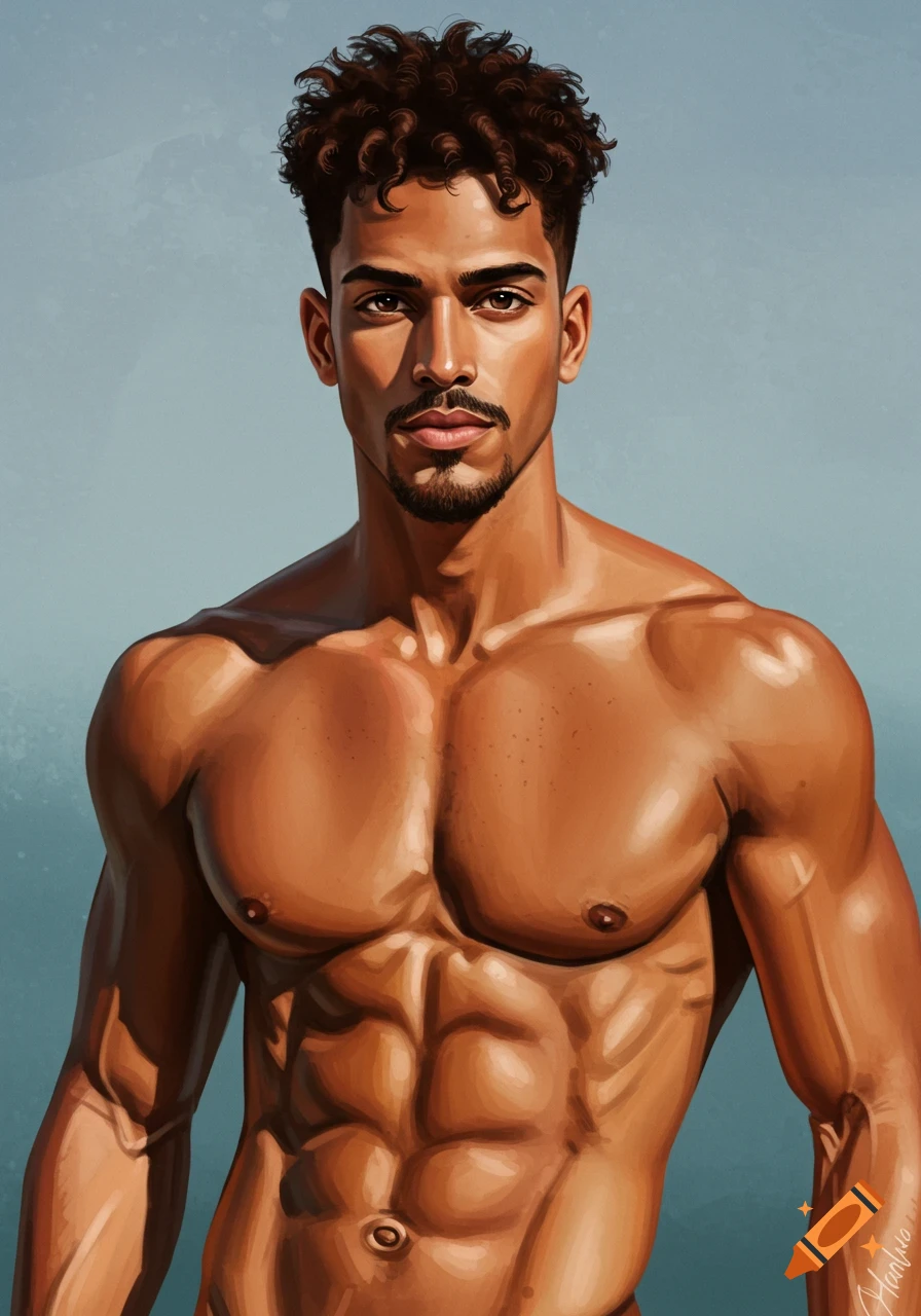 A muscular man with tanned skin, abs, and curly brown hair.