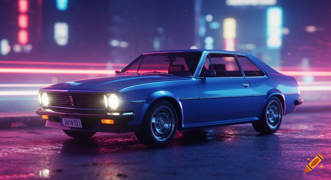 Blue classic car in a cyberpunk night city 3D render