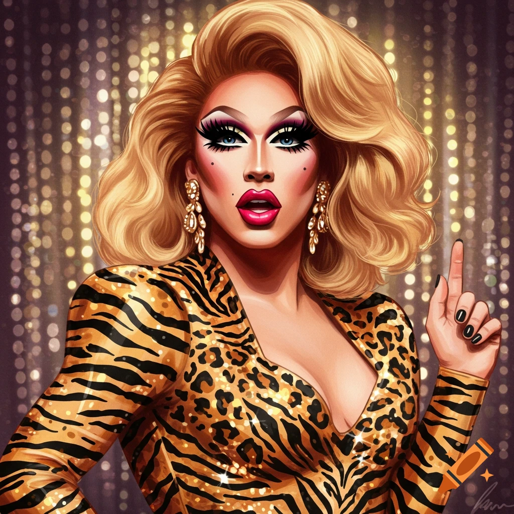 Stylized portrait of a drag queen in a sparkly tiger/leopard print jacket pointing upwards, with a glittering background.