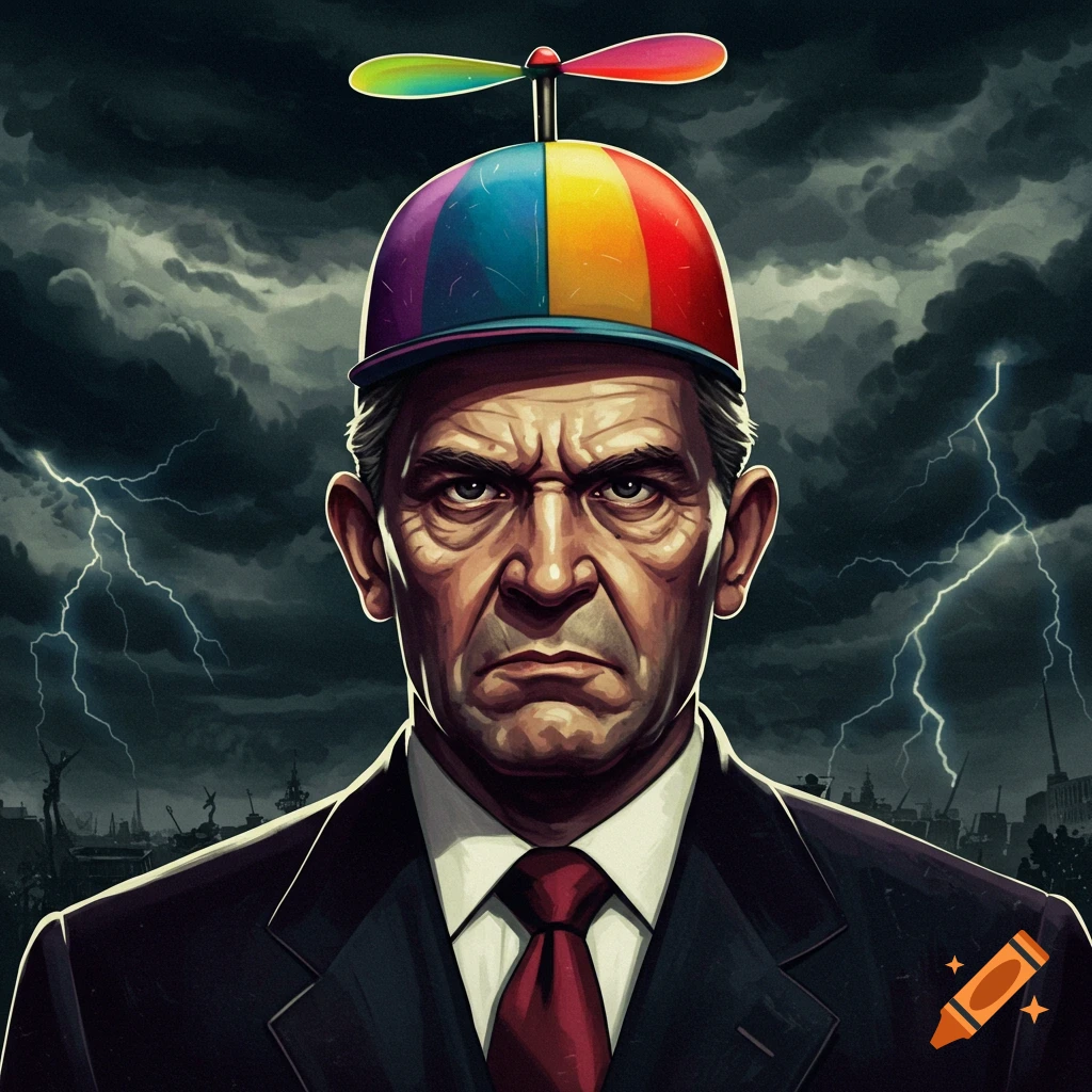 A stern man in a suit and rainbow propeller hat against a stormy dystopian city.