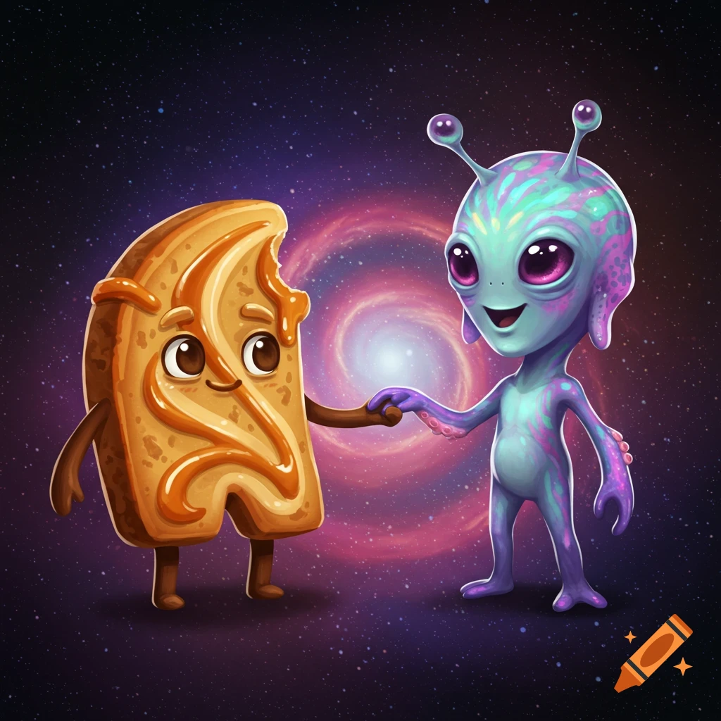 Cartoon cookie character shaking hands with an alien in space with a galaxy behind them