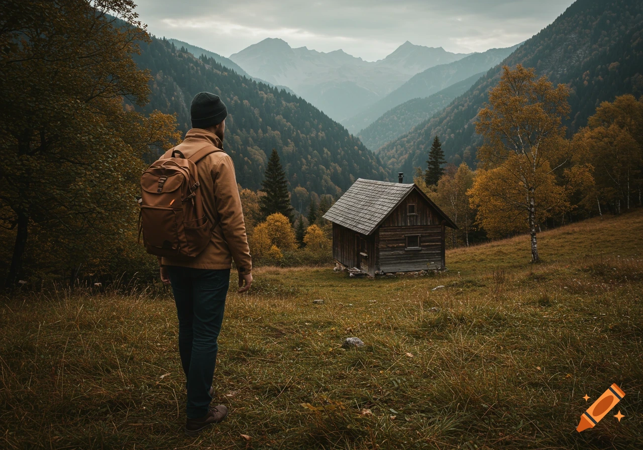 A hiker looks at a wooden cabin in a mountain valley with autumn trees.
