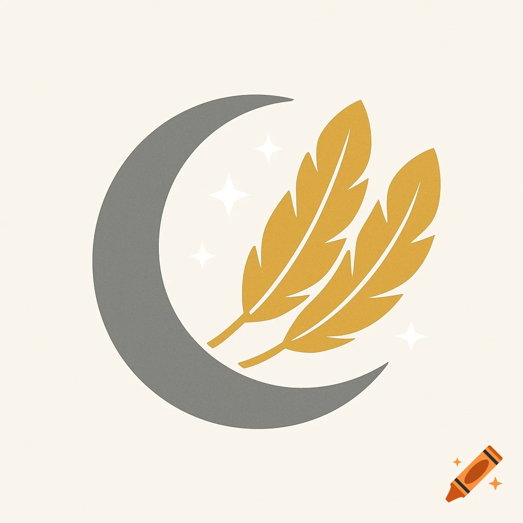 A gray crescent moon with two golden feathers and white stars on a cream background.