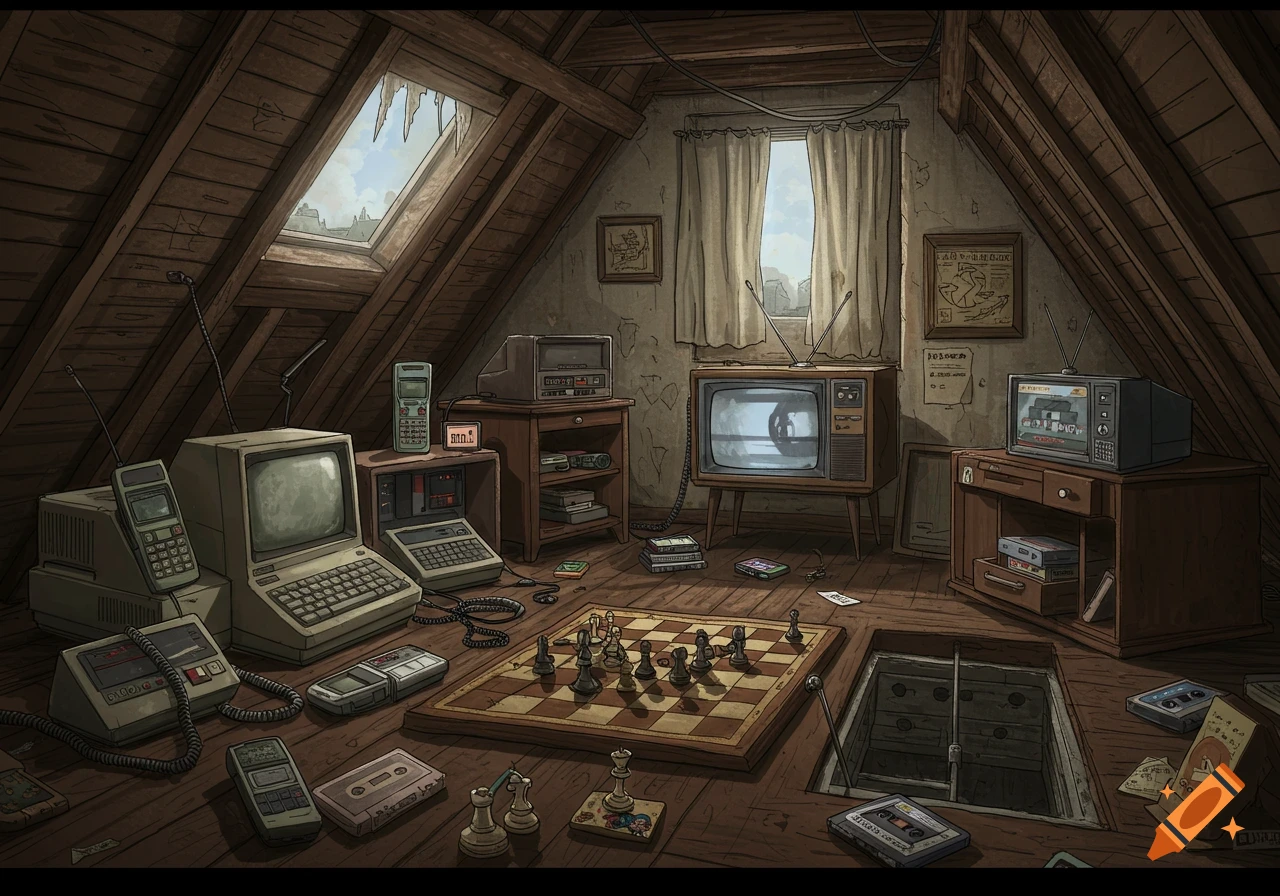 An abandoned attic room filled with vintage 1980s computers, televisions, telephones, cassette tapes, and a chess set.
