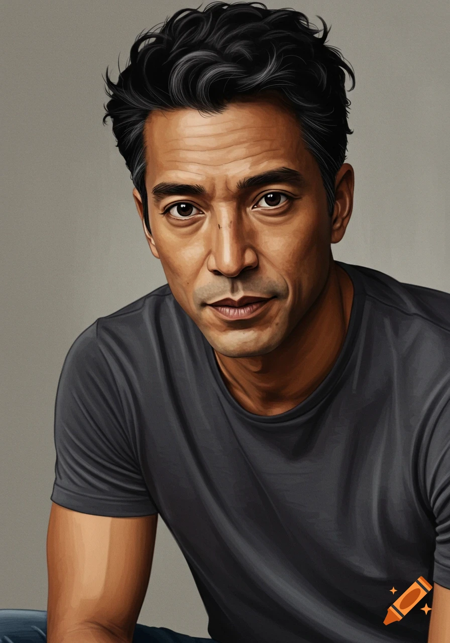 Painted portrait of a man with dark hair looking at the viewer.
