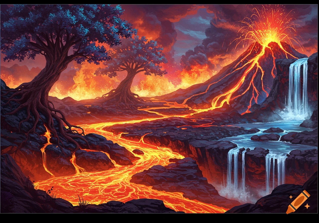 A fantasy landscape with a volcano erupting, lava flowing, blue trees, and waterfalls under a dramatic sky.