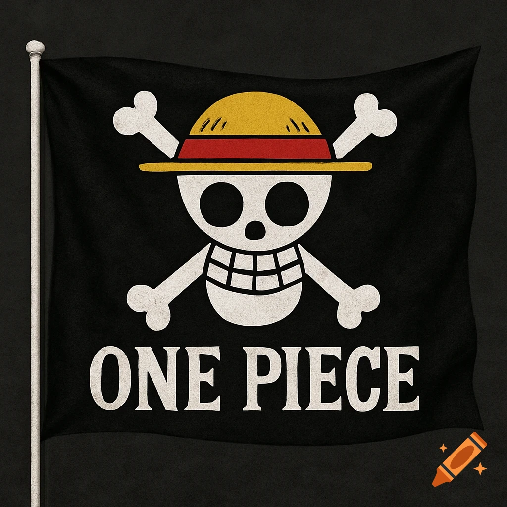 A black flag with the One Piece Jolly Roger skull and crossbones wearing a straw hat and the text ONE PIECE.