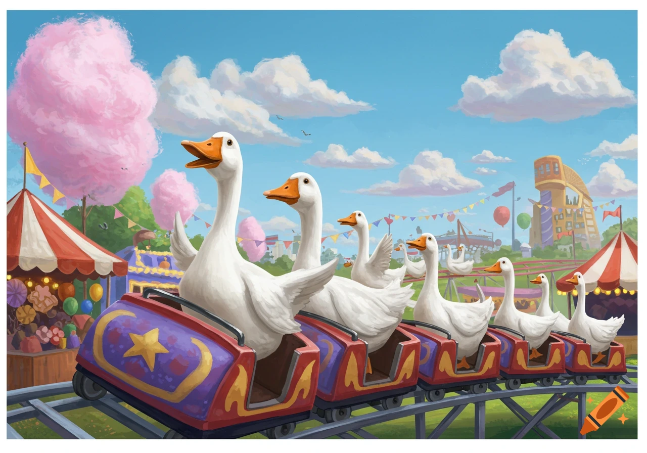 Geese riding a roller coaster at a fair with cotton candy trees and colorful tents.