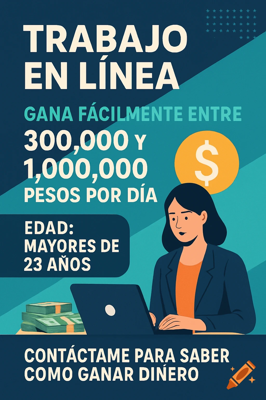 Recruitment poster for online job with text in Spanish, illustration.