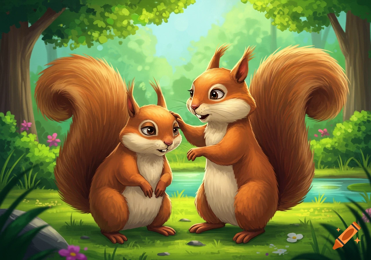 Two cartoon squirrels in a forest, one patting the other's head.